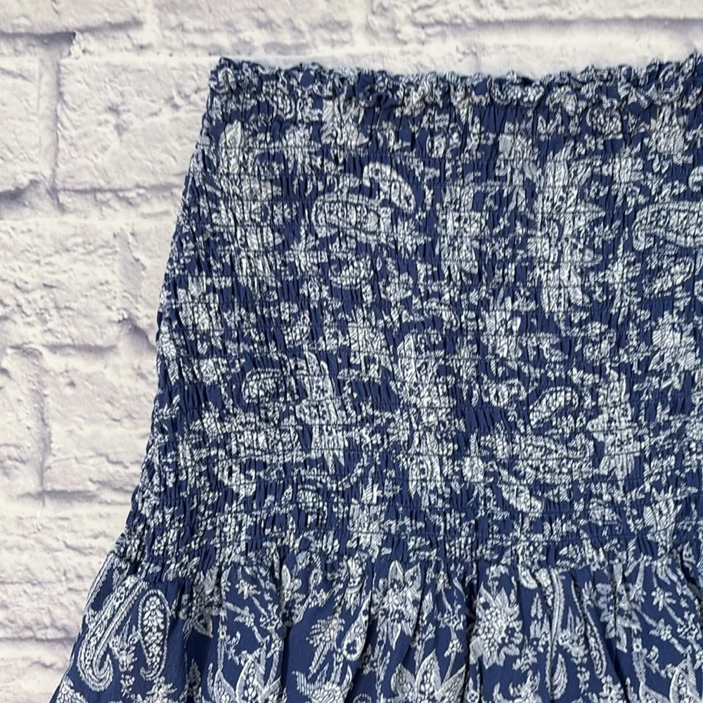 Ann Taylor Smocked Waist Skirt Blue and White Floral Paisley Ruffle Petite Small